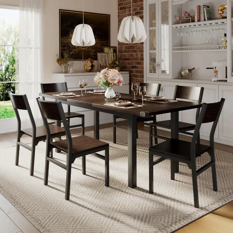 7-Piece Dining Table & Chairs Set for 4-6, 63" Extendable Kitchen Table with 6 Chairs, Dining Room Table with Metal Frame