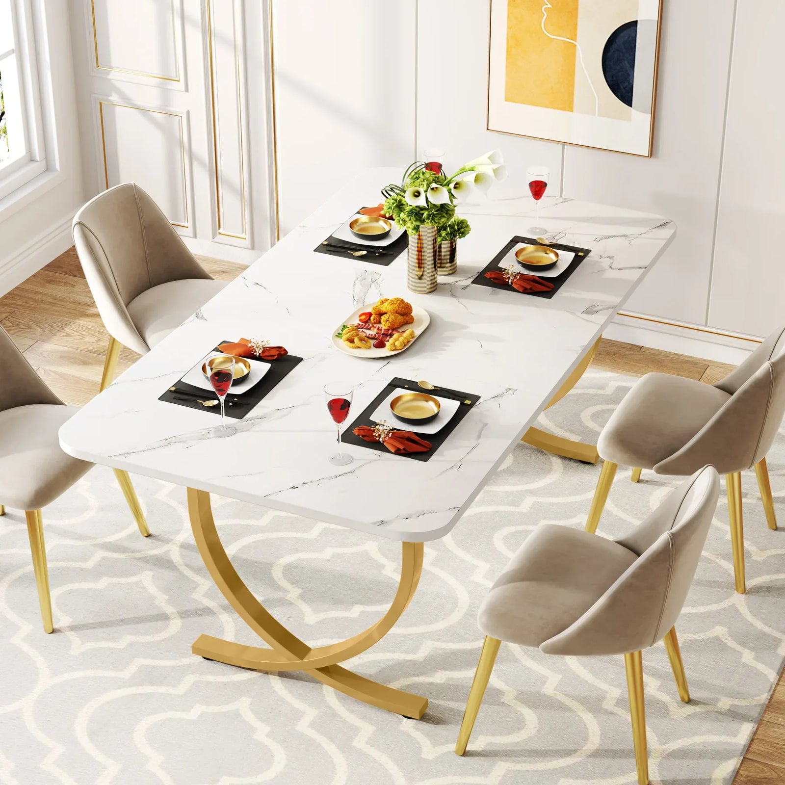 Tribesigns 63" Modern Dining Table Kitchen Table with Faux Marble Top