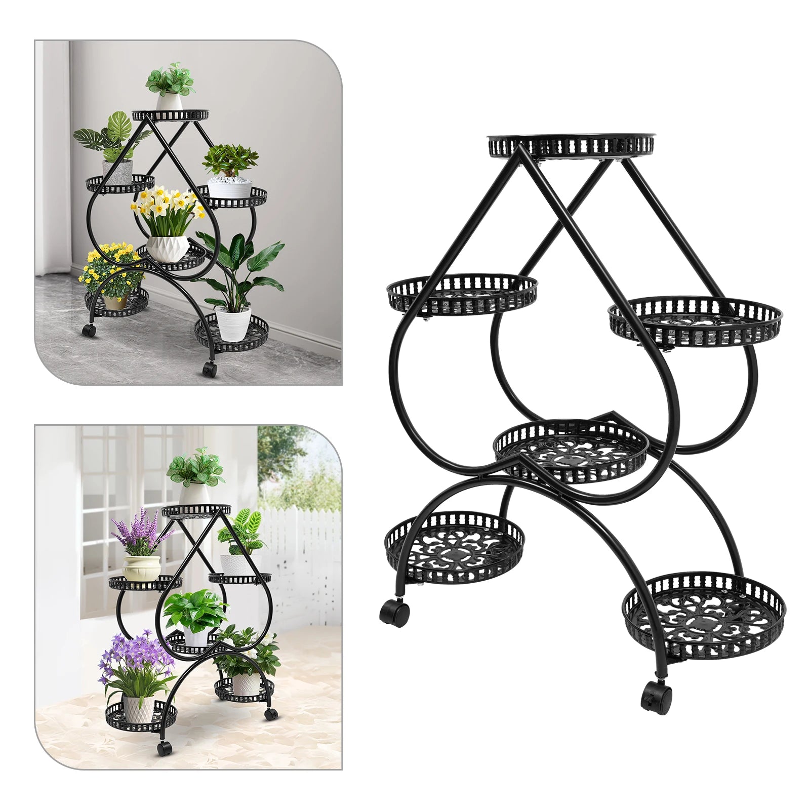 Black  Metal Plant Flowerpot Stands 6 Pots Plants Flower Stand for Patio Garden Living Room Corner Balcony and Bedroom