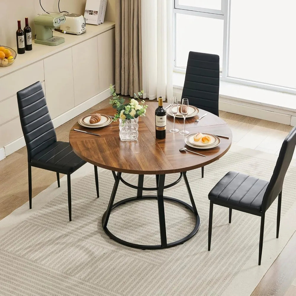 47” Round Dinner Table for 4 6, Small Circle Dining Room Table with Metal Legs, Modern Farmhouse Rustic Kitchen Table