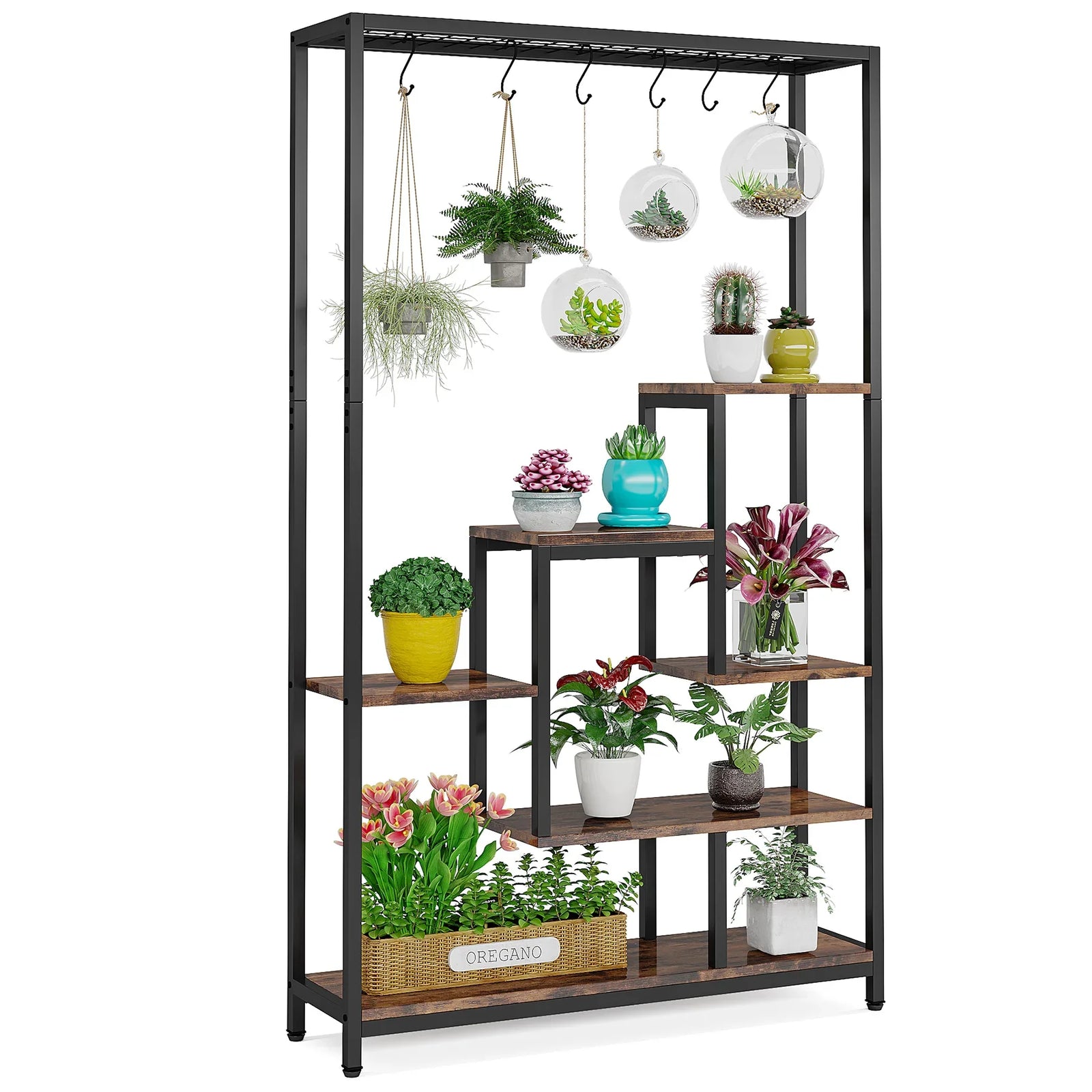 Tribesigns 5 Tiers Tall Indoor Plant Stand 70.9 inches Large Metal Plant Shelf with 10 PC S Hanging Hooks for Garden