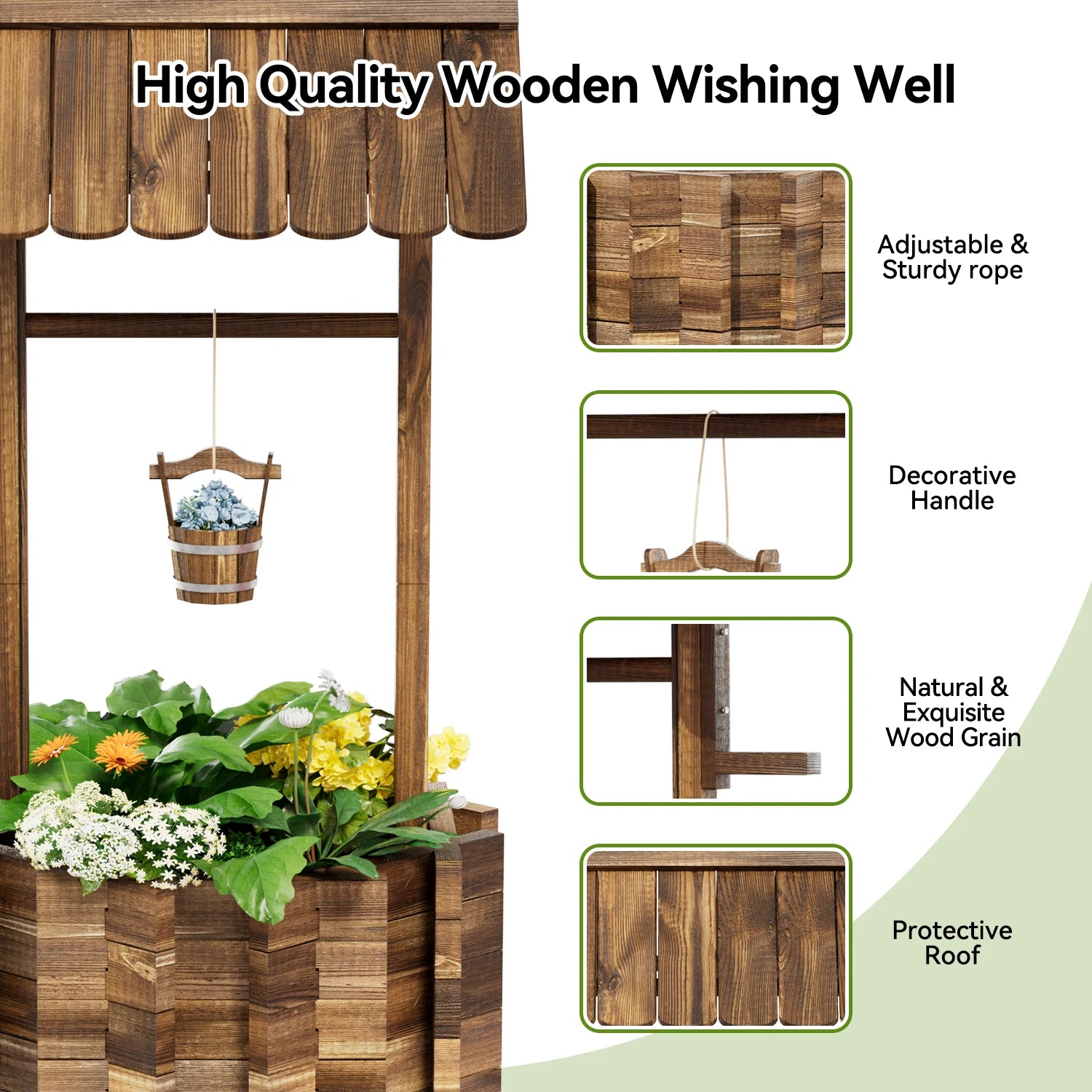 Aoxun Wooden Wishing Well Planter with Hanging Bucket for Flower and Plants, Planter Indoor/Outdoor, Home Decor for Patio Garden