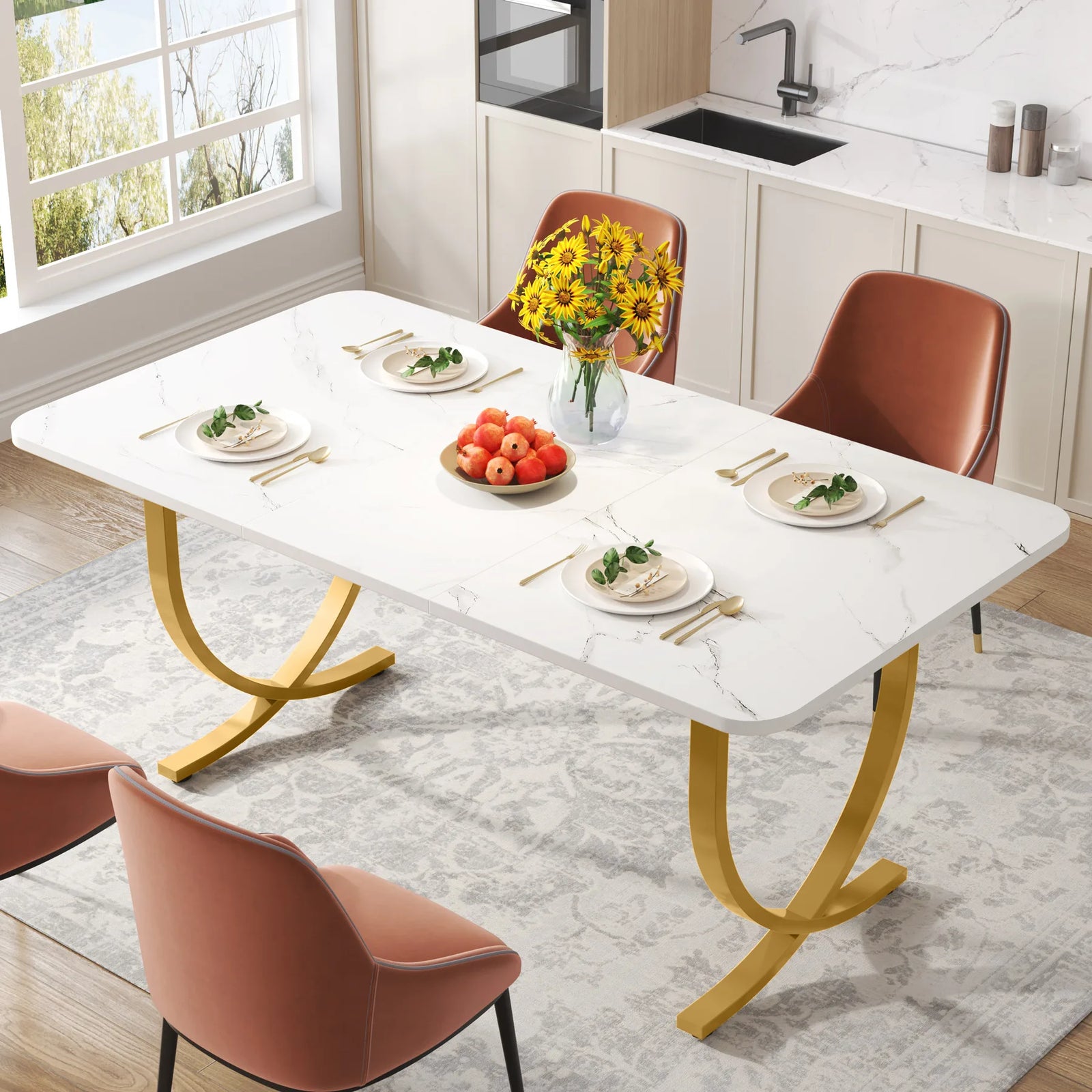 Tribesigns 63" Modern Dining Table Kitchen Table with Faux Marble Top