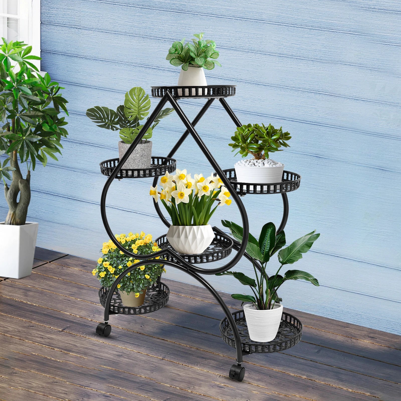 Black  Metal Plant Flowerpot Stands 6 Pots Plants Flower Stand for Patio Garden Living Room Corner Balcony and Bedroom