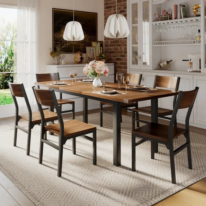 7-Piece Dining Table & Chairs Set for 4-6, 63" Extendable Kitchen Table with 6 Chairs, Dining Room Table with Metal Frame