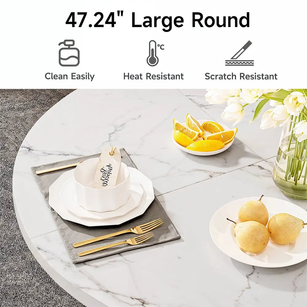 Round Dining Table 47.24 Inch Kitchen Table for 4 People Wooden Marble Pattern Dinner Room Table with Gold Base for Home office