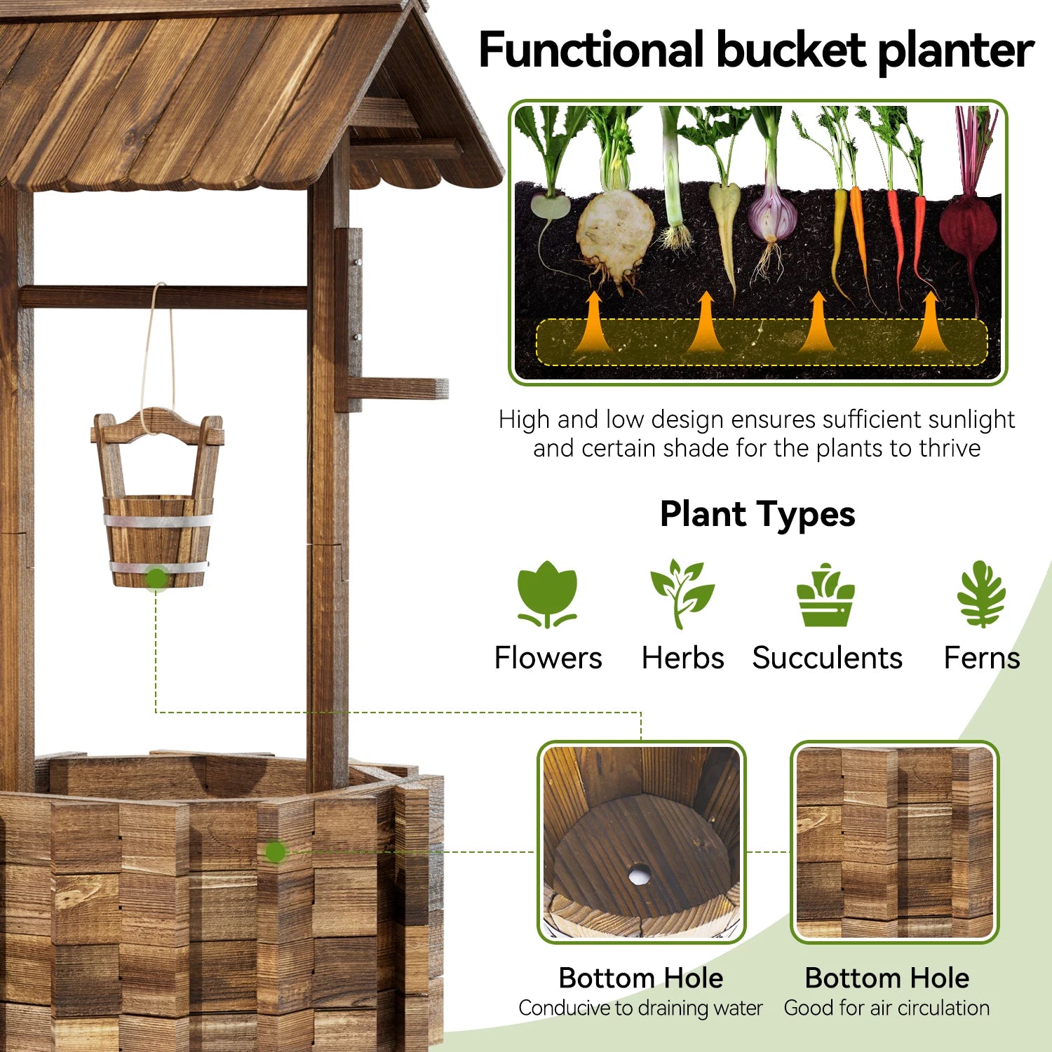 Aoxun Wooden Wishing Well Planter with Hanging Bucket for Flower and Plants, Planter Indoor/Outdoor, Home Decor for Patio Garden