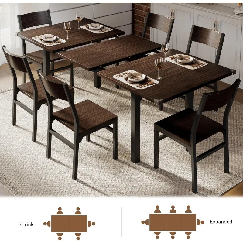 7-Piece Dining Table & Chairs Set for 4-6, 63" Extendable Kitchen Table with 6 Chairs, Dining Room Table with Metal Frame