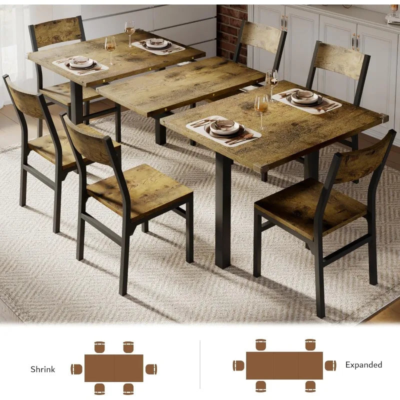 7-Piece Dining Table & Chairs Set for 4-6, 63" Extendable Kitchen Table with 6 Chairs, Dining Room Table with Metal Frame