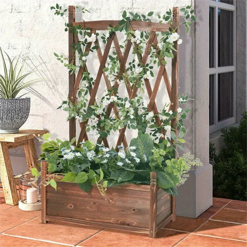 Rustic Wooden Raised Garden Bed Vegetable Planter Grid Box with Climbing Trellis