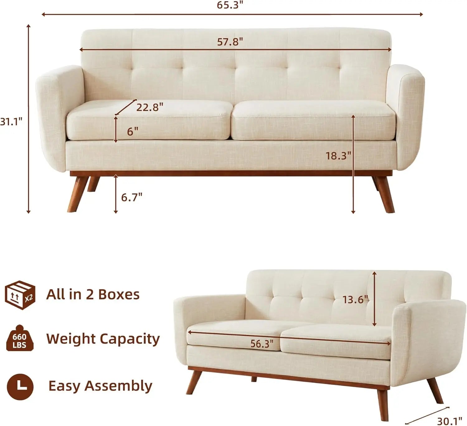 65.3" W Loveseat Sofa Mid Century Modern Decor Love Seat Couches for Living Room Button Tufted Upholstered Furniture