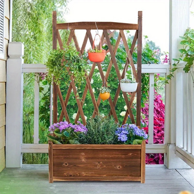 Rustic Wooden Raised Garden Bed Vegetable Planter Grid Box with Climbing Trellis